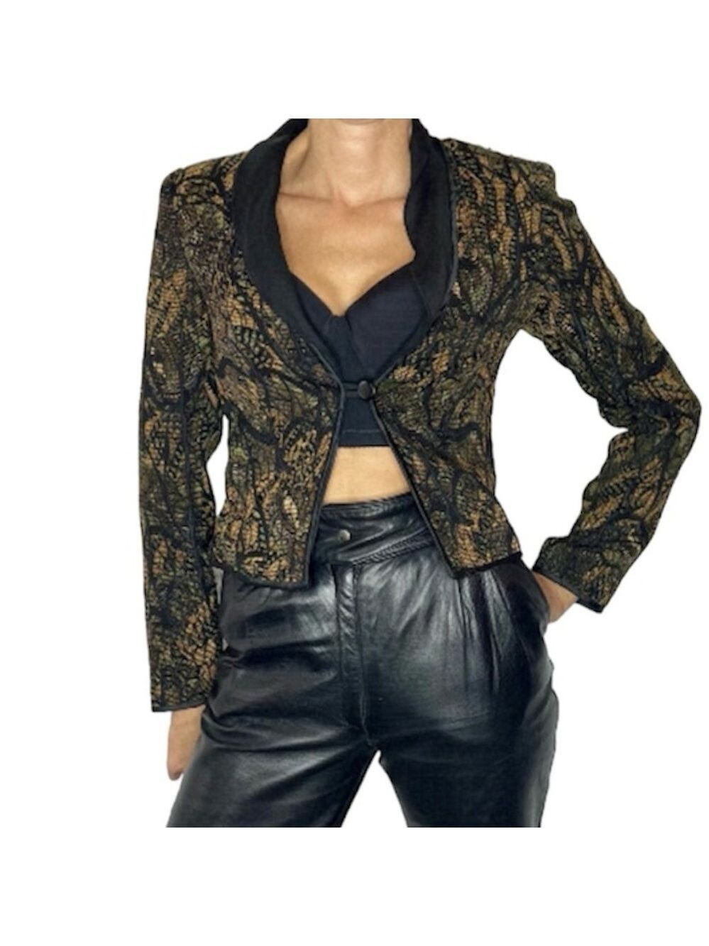 Terra Nostra Back Gold Brocade Cropped Padded Shoulder Blazer 4
